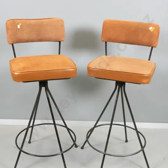 pair of retro metal framed swivel bar stools w/vinyl suede upholstered seat and back H900 W360 D310