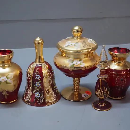 5 pieces of red Venetian glass - footed cover pot H-160, stoppered scent bottle, 2 vases and a bell