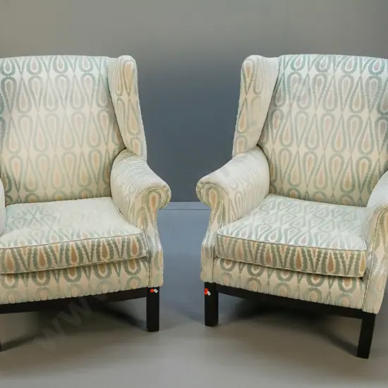 pair of wing-back chesterfield style lounge chairs covered in embossed velvet, a few minor stains H-1030 W-830 D-700