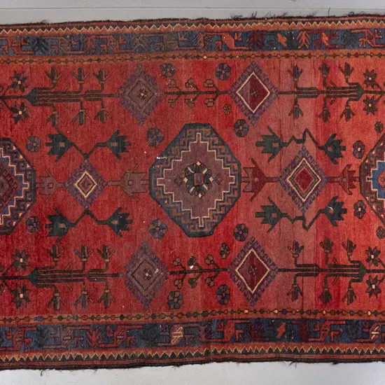 vintage hand-knotted wool floor rug - some areas of wear, fraying to edges L-2320 W-1470