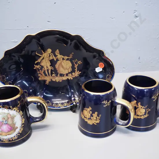 4 pieces of cobalt and gold Limoges china - dish L-280 W-210 and 3 mugs, one with romance scene