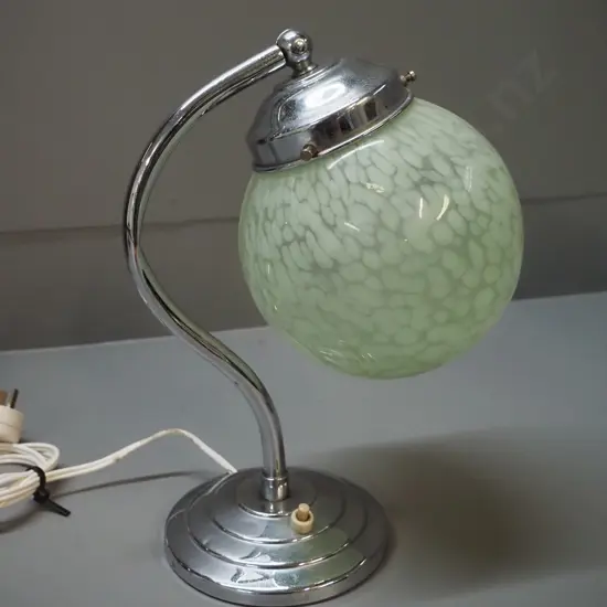 deco chrome table lamp with mottled green globe shade - some pitting & a small dent in base H-290 Shade D-150