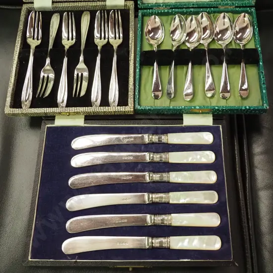 3 cased sets silver plated cutlery - mother of pearl handled fruit knives, teaspoons, cake forks