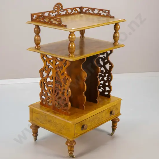 Victorian burr veneer Canterbury with 1 drawer, fretted detail, on metal casters - small chip to veneer, has had repair