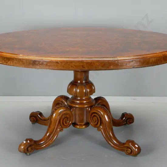 antique walnut dining table w/ heavily carved pedestal base, oval burr walnut top has minor scratching H720 L1360 D1040