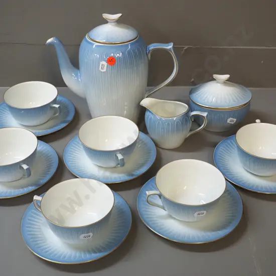 Bing & Grondahl light blue & gilt relief pattern 9-piece tea set - teapot is H-210 L-230