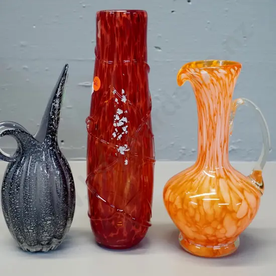3 coloured art glass vases - tallest is red with silver leaf H-250