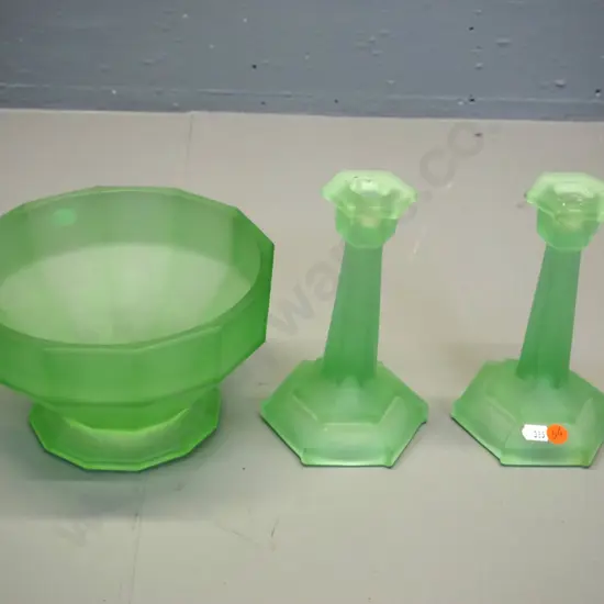 3 pieces vintage frosted green glass - bowl and pair of uranium glass candlesticks H-180