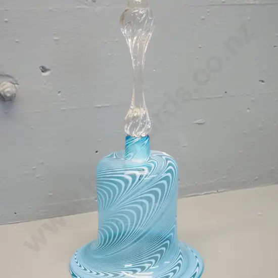 art glass swirled teal bell & clear handle H-350 D-180 at base