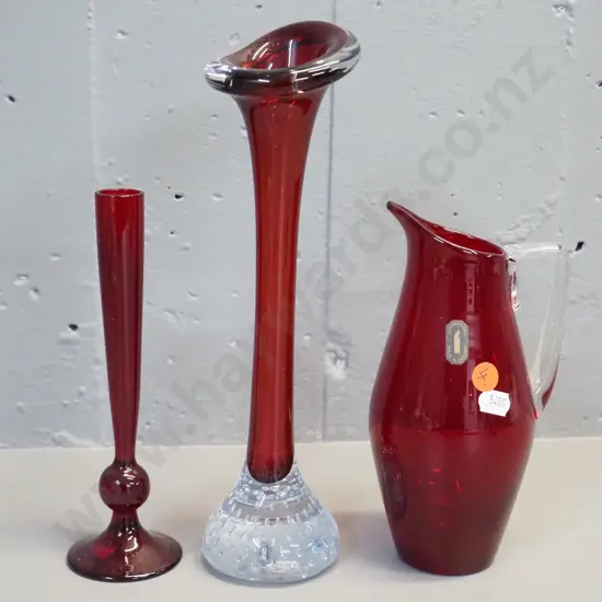 3 pieces of ruby glass including jug with Whitefriars label, bud vase and clear based jack-in-the-pulpit vase H-270