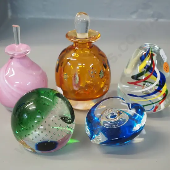 3 art glass paperweights and 2 stoppered scent bottles - orange millefiore style is by Peter Viesnik '98 H-135. Blue