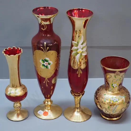 4 red Venetian glass vases - 3 are footed, tallest are H-280