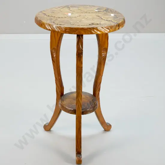 vintage kauri round chip-carved occasional table with lower shelf H-620 D-360