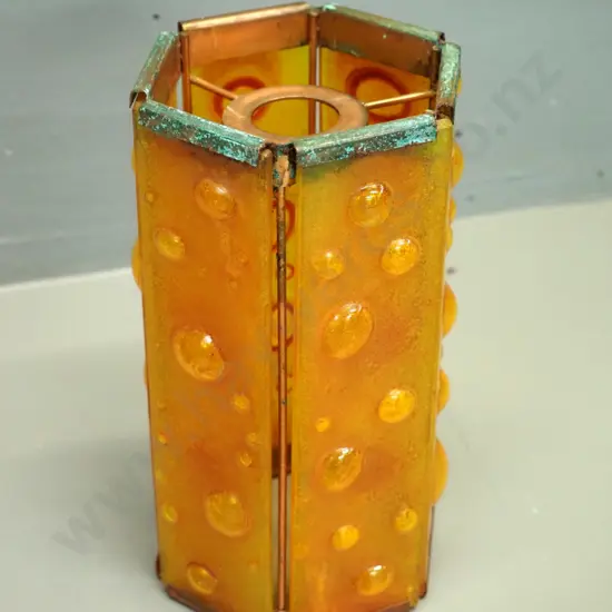 mid-century hexagonal orange dimpled glass lamp shade with copper frame - some verdigris H-210 W-100