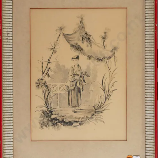 framed Asian print, portrait H-300 W-210 (frame needs attention)