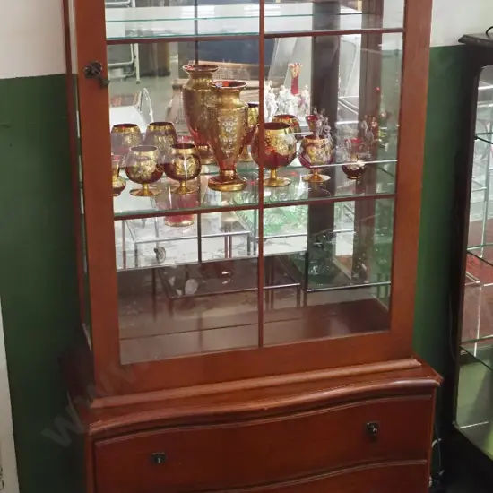 reproduction mahogany tall china cabinet with 1 door w/astragals, 2 drawers, 2 glass adjustable