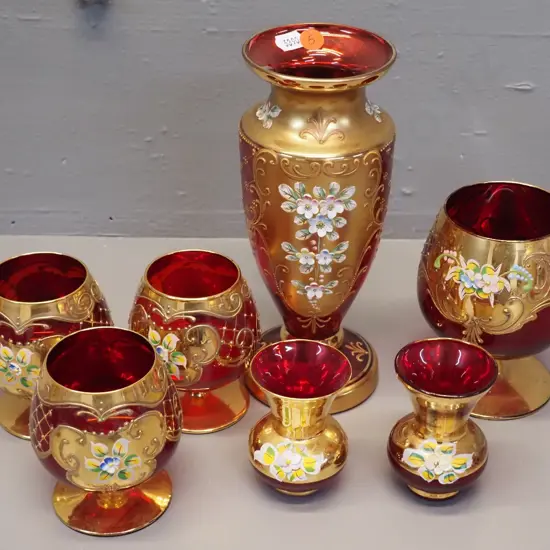 7 pieces of red Venetian glass - 4 small goblets (3 are matching) 3 vases - tallest vase is H-230