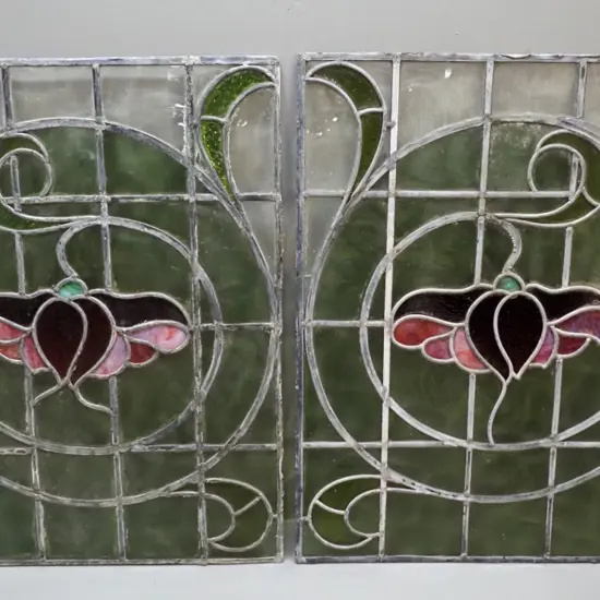 2 large vintage leadlight window panels with floral motif - clear, green, red and pink H-800 W-650