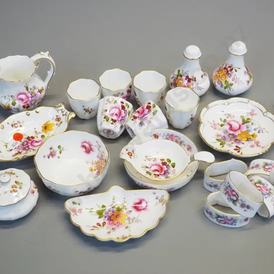 assorted Royal Crown Derby posies items - 6 egg cups, 6 napkin rings, tea strainer, salt & pepper, etc.