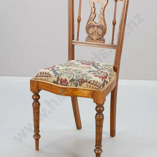 Edwardian mahogany carved-back dining chair w/ turned legs, patterned tapestry seat H860 W400 D400