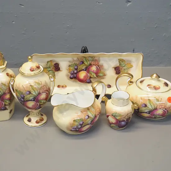6 pieces Aynsley Orchard Gold china - cream & sugar, small vase (fleck to rim), sandwich plate