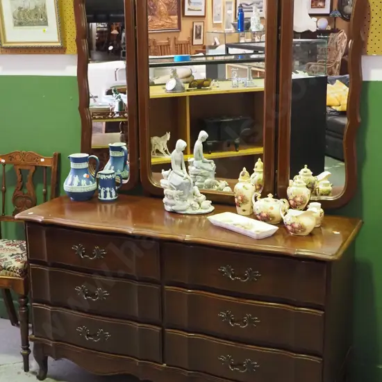 mahogany period-style cab-leg 6-drawer dressing table with framed wing mirrors - polish and mirror stay need attention