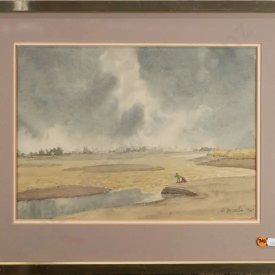 M Fowler 1960 - framed watercolour - coastal scene H-260 W-350 (frame needs attention)