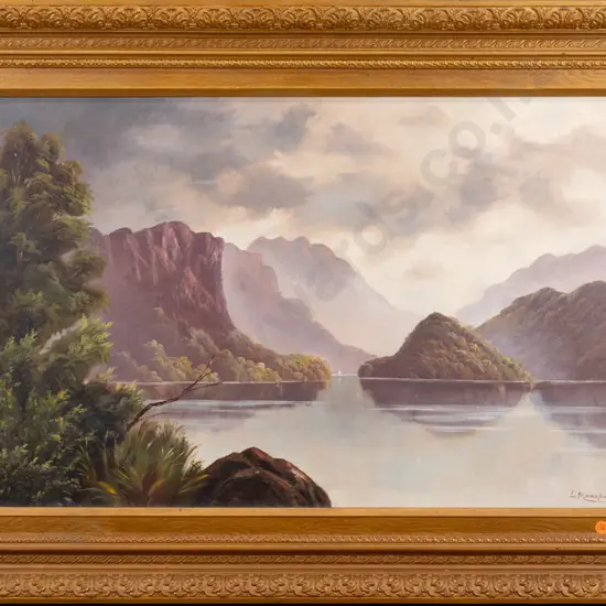 gilt framed colonial oil - Lake Manapouri H-440 W-740