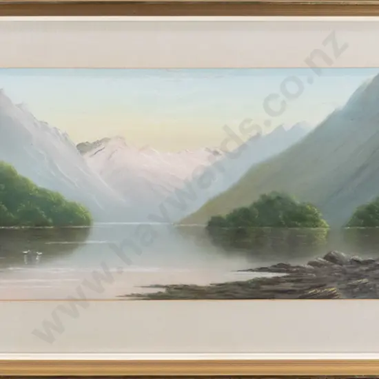 Phyllis Sew Hoy - framed oil - lake and mountain scene H-210 W-470