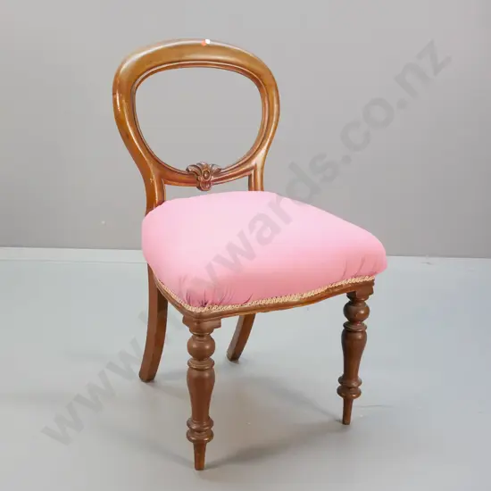 Victorian mahogany framed balloon back dining chair with pink cotton upholstered seat H860 W500 D490
