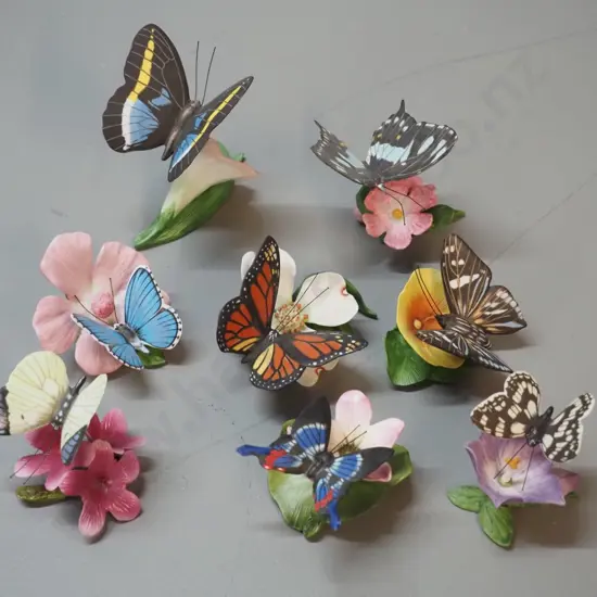 8 porcelain butterfly & floral ornaments - made in Japan, Taiwan, or Malaysia - tallest is H-80