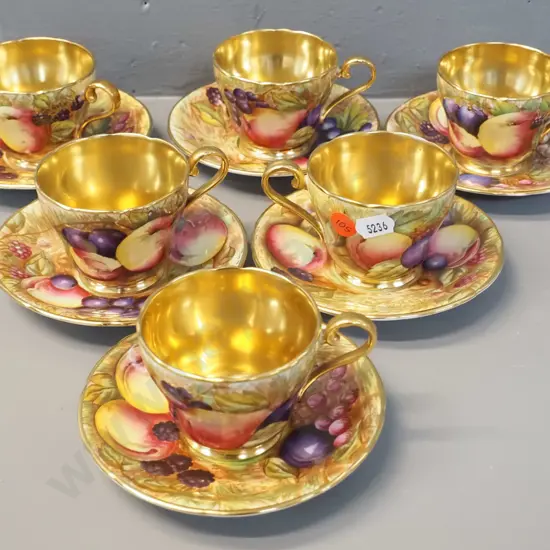 set of 6 Aynsley heavily gilded fruit pattern coffee cups & saucers
