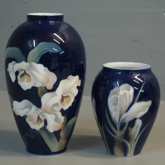 2 Royal Copenhagen cobalt blue floral vases - orchid H-180 and crocus