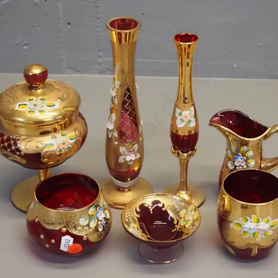 7 pieces of red Venetian glass - 2 footed vases, small comport, tumbler, cover pot and cream & sugar, Taller vase H-210