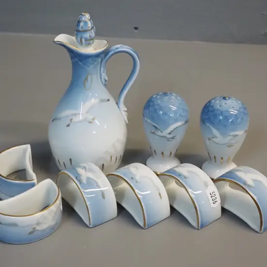 Bing & Grondahl seagull pattern - 6 napkin rings, stoppered sauce bottle H-145 and salt & pepper