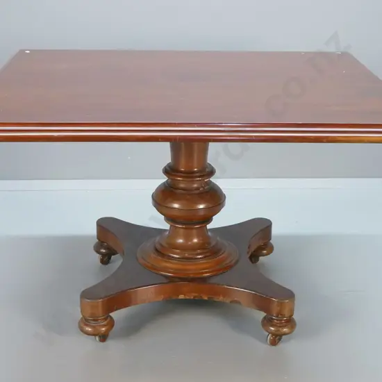 antique loo table on large pedestal base with metal casters - polish needs attention H-760 L-1230 W-1010