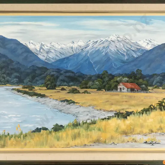 Marion Ingham - framed oil "Whataroa River Valley, West Coast" H-490 W-640