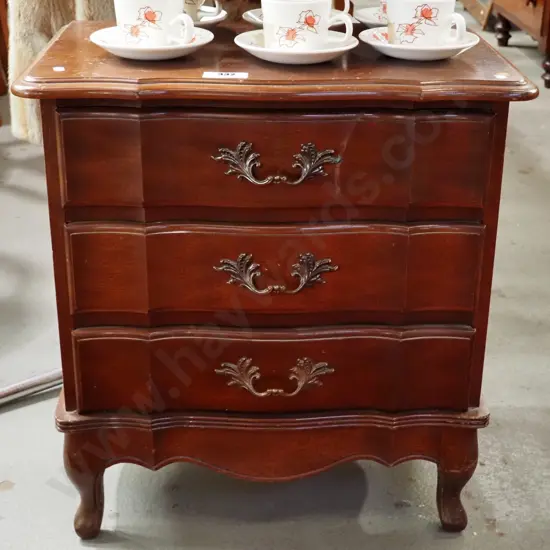 reproduction mahogany 3 drawer bedside cabinet H-620 W-590 D-370