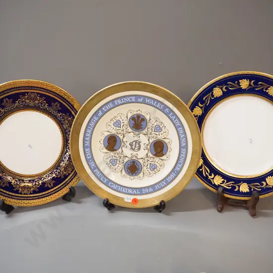 3 Minton cabinet plates - Charles & Diana wedding and 2 with gold and cobalt bands D-270