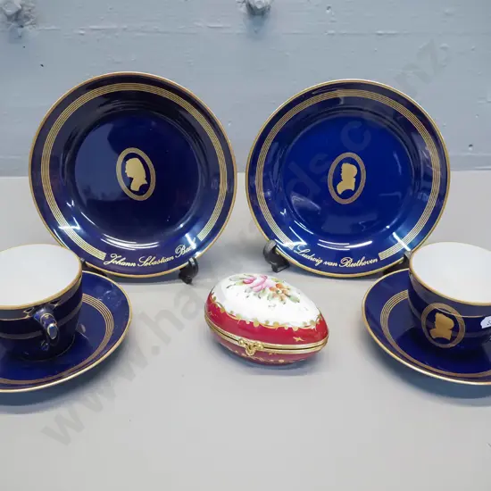 2 Bing & Grondahl cobalt and gold trios - Bach & Beethoven - and a small Goudeville Paris egg-shaped trinket