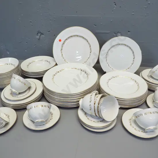 large quantity of Royal Doulton Fairfax bone china dinnerware - 11 dinner plates, 13 coupes, 9 cups & saucers, etc.