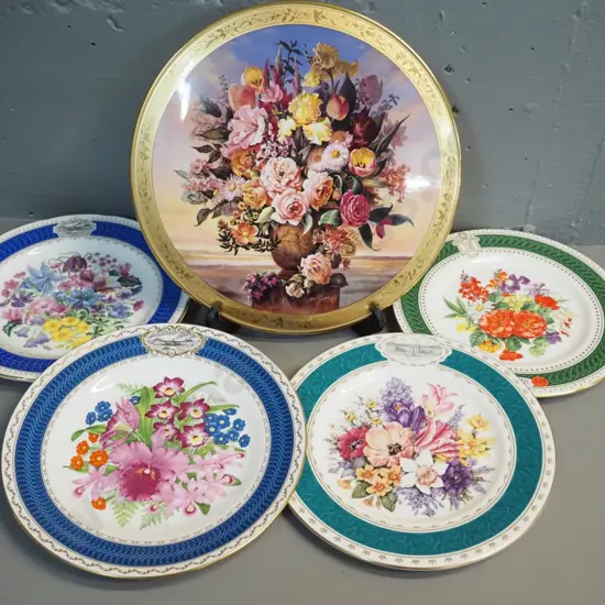 5 floral china items - large Royal Albert gilt edged plaque, 3 Spode Royal Horticultural & 1 Royal Crown Derby plates
