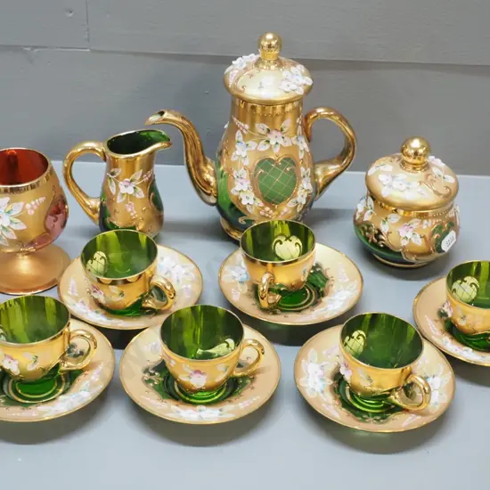 Venetian style green glass coffee set & a small pink glass goblet. Coffee pot is H-170