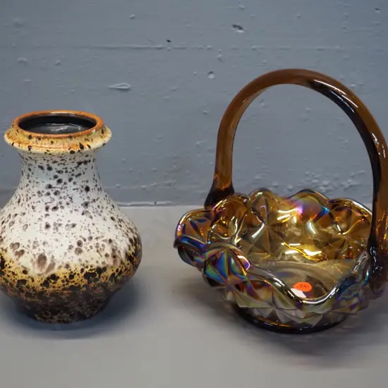 dark amber lustre glass basket H-210 and a German pottery vase