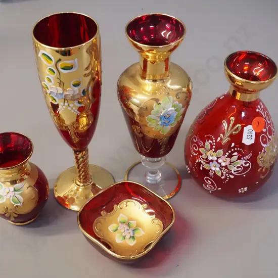 5 pieces of red Venetian glass - champagne flute H-185, 3 vases and a pin dish