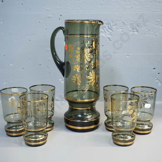 retro Bohemian glass gilt pattern water set - jug and 6 glasses. Jug H-295