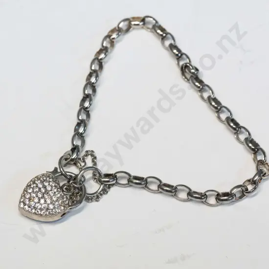 silver bracelet with heart clasp & safety chain stamped 925