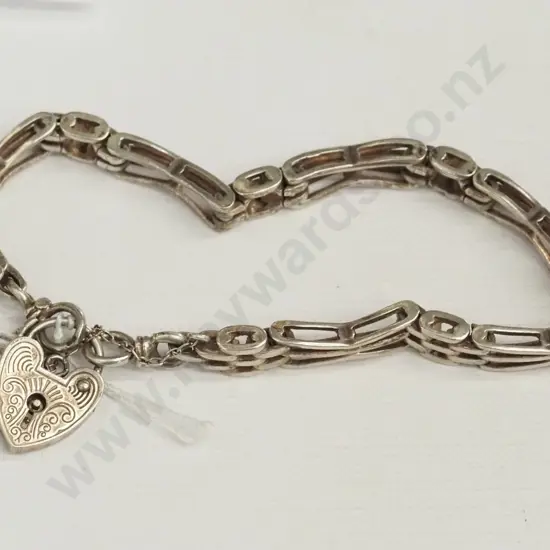 silver link bracelet with heart clasp - safety chain broken - stamped sterling silver