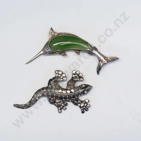 silver crocodile brooch stamped 925 & silver greenstone swordfish brooch stamped Stgsil
