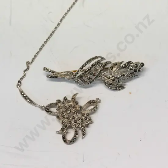silver marcasite brooch & necklace set stamped sterling  necklace has broken chain
